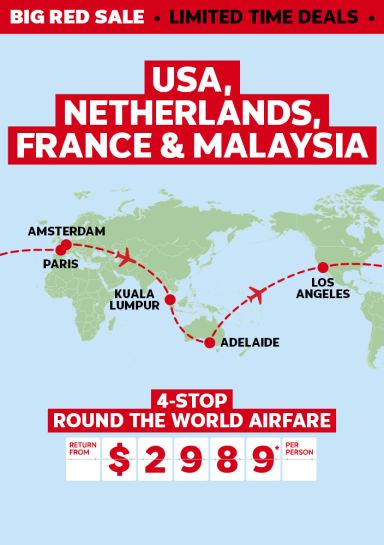 USA, Netherlands, France & Malaysia 4-stop Round the world airfare return from $2989* per person