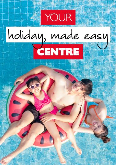 Your holiday, made easy centre text with image of family in pool