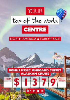 Your top of the world centre - North America & Europe Sale. Bonus US$50* onboard credit Alaskan Cruise from $1,379* per person