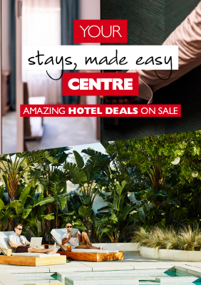 Your stays, made easy centre - Amazing hotel deals on sale. Couple in business attire at a hotel pool working on pool chairs