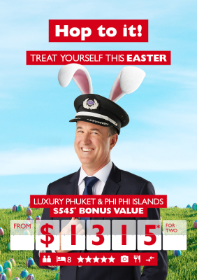 Hop to it! Treat yourself this Easter. Luxury Phuket & Phi Phi Islands $545* bonus value from $1,315* for two. Pilot with bunny ears smiling in a green field filled with Easter eggs