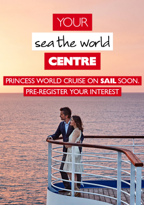 Your sea the world centre - Princess world cruise on sail soon. Pre-register your interest. Couple on the side of a cruise ship at sunset