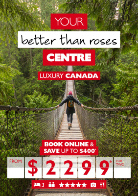 Woman crossing a rope bridge in a forest