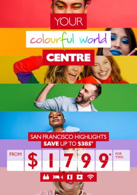 Your colourful world centre - San Francisco highlights. Save up to $385* from $1,799* for two. A rainbow of beautiful people of various ages, races and genders