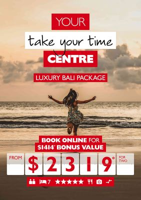 Your take your time centre - luxury Bali package. Book online for $1,414* bonus value. Black woman running on double six beach