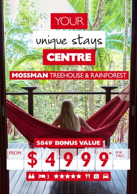 Your unique stays centre - Mossman treehouse and rainforest $849* bonus value from $4,999* for two. Woman on hammock looking at rainforest