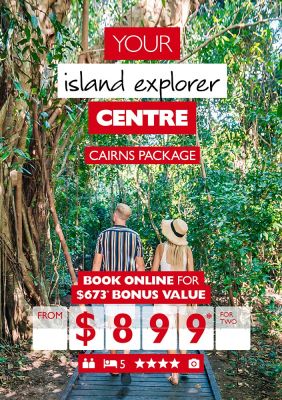 Your island explorer centre - Cairns package. Book online for $673* bonus value from $899* for two. Couple walking on eco trail green island