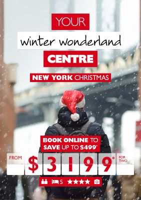 Your winter wonderland centre - New York Christmas. Book online to save up to $499* from $3,199* for two. Man in snow in New York wearing a Santa hat
