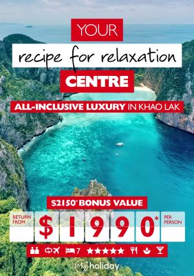 Your recipe for relaxation centre - all-inclusive luxury in Khao Lak. $2,150* bonus value return from $1,990* per person. Crystal clear blue bay surrounded by tall rocks