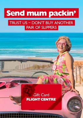 Send mum packin'. Trust us - don't buy another pair of slippers. Elderly woman sitting on the bonnet of a pink car at the beach