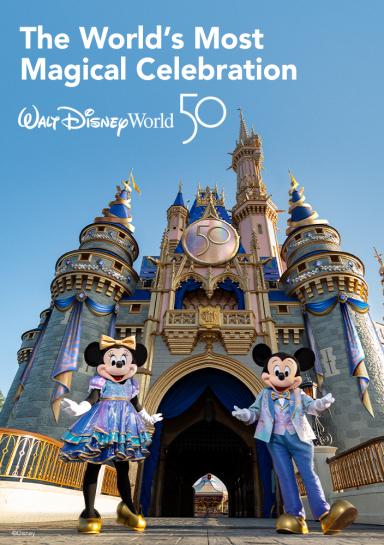 The worlds most magical celebration - Mickey and Minnie standing in front of the Disney castle, with 50th anniversary details 