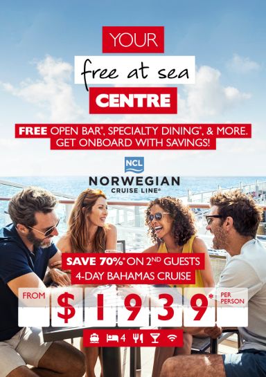 Your free at sea Centre - Get onboard with savings Norwegian Cruise Line - 4-Day Bahamas Cruise from $1939 per person