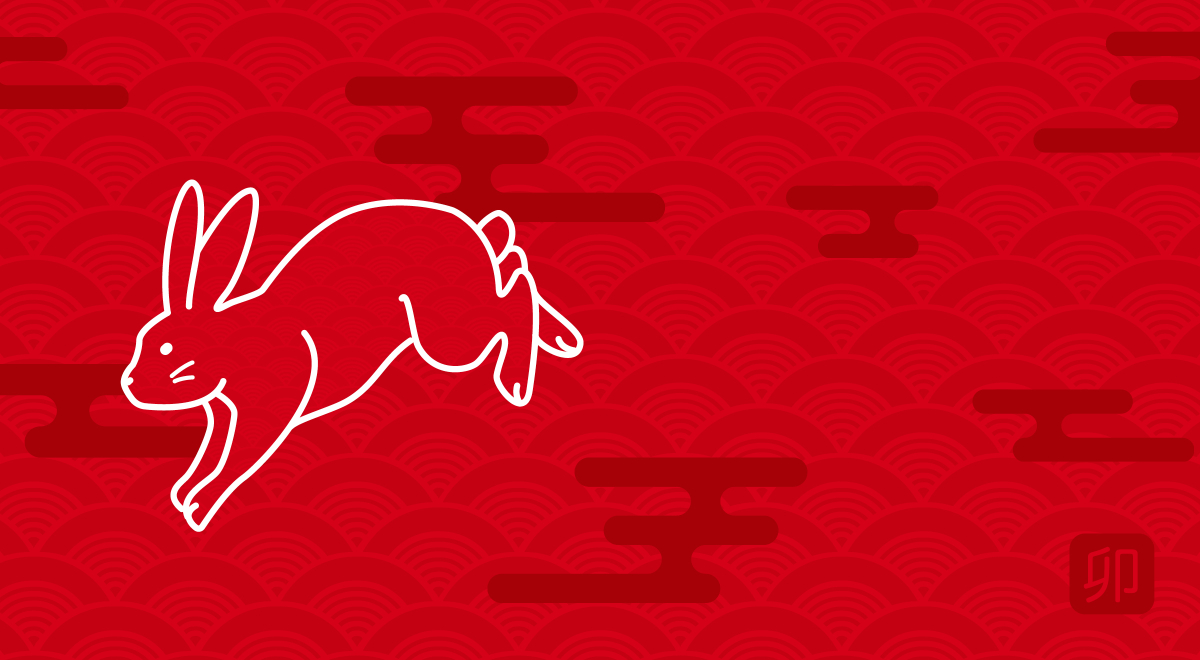 A red background with a white outline of a rabbit