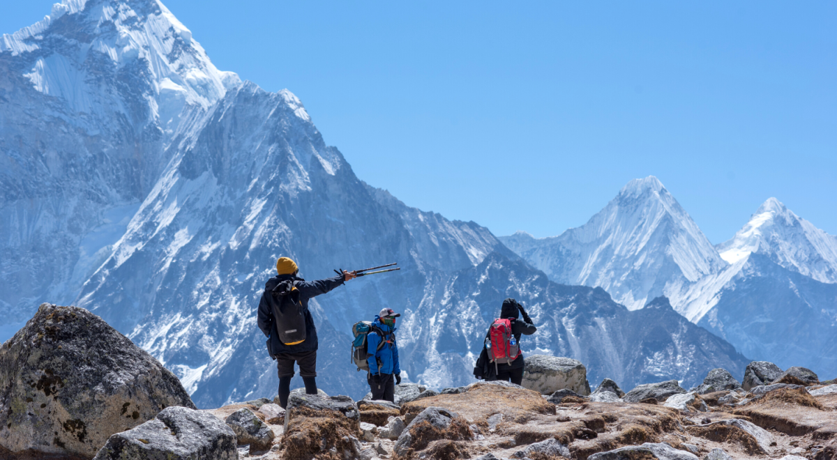 Three travellers hiking Everest Base Camp in Nepal