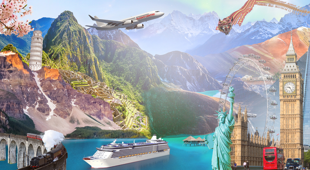 Collage of iconic travel destinations including Big Ben, the Statue of Liberty an the Leaning Tower of Pisa
