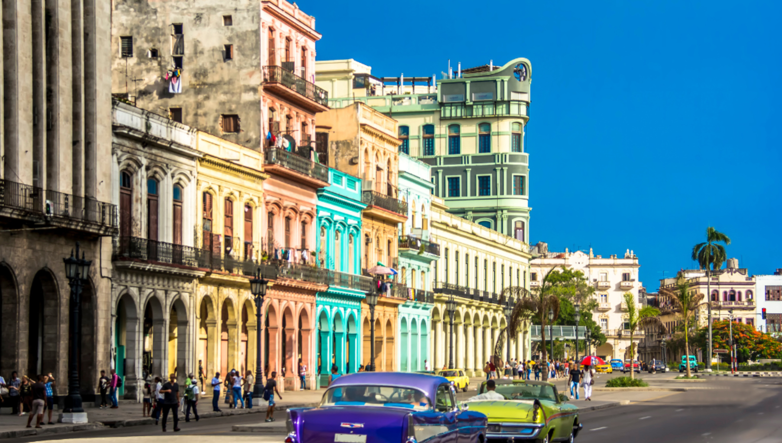 Downtown Havana Cuba colourful buildings and classic cars