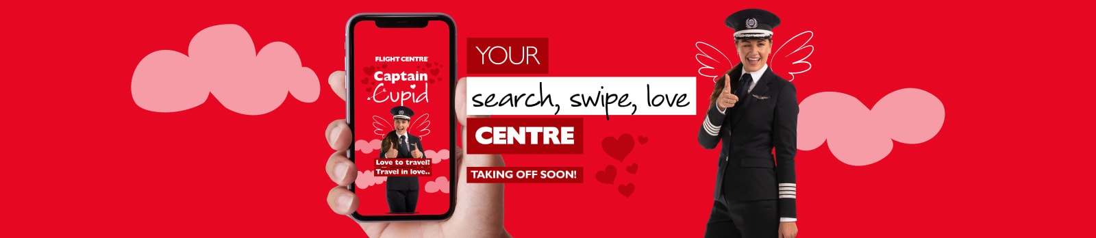 Your search, swipe, love centre - taking off soon! Hand holding a phone with a pilot posing suggestively in front of a red cupid background