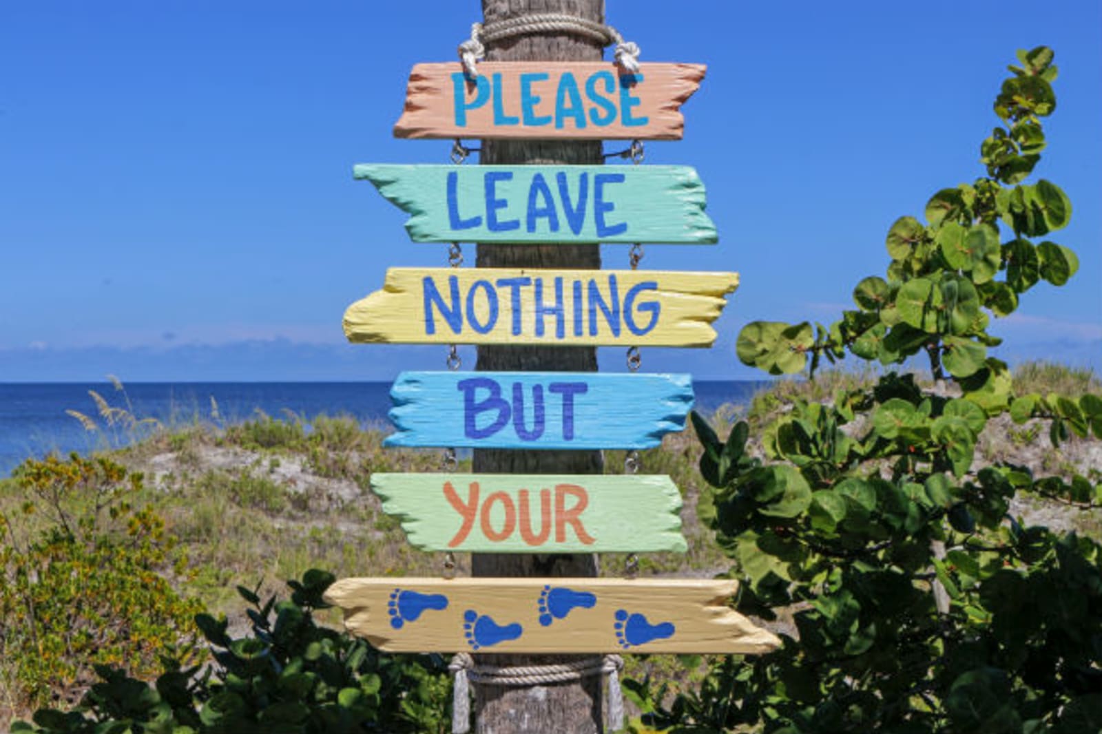 Wooden signpost that reads "Leave nothing but your" and then images of footprints