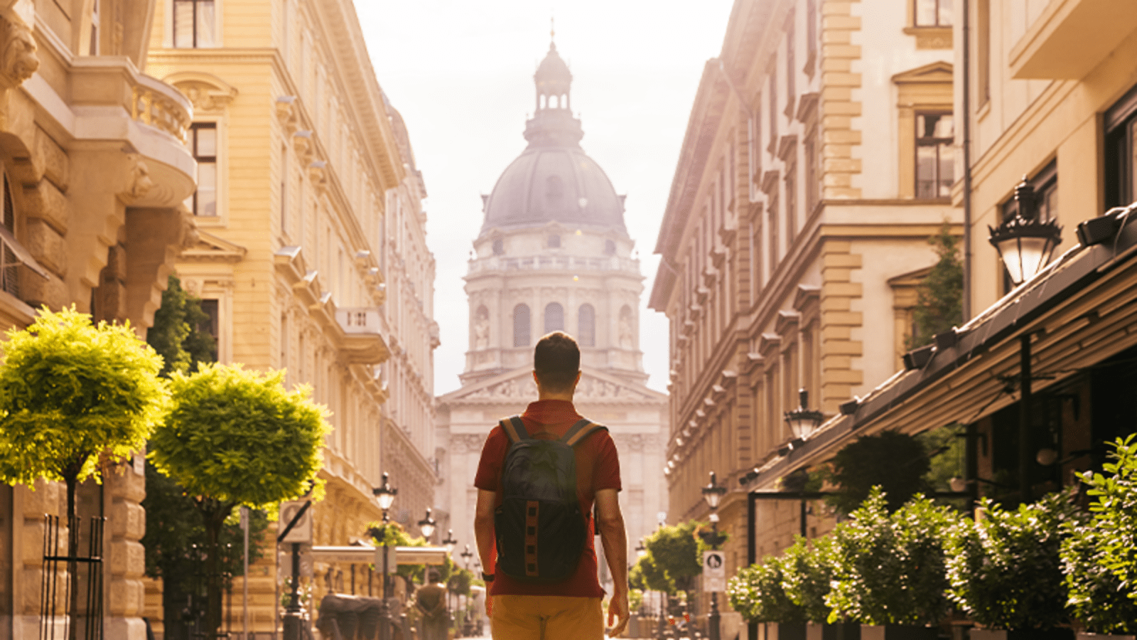 Backshot of a male tourist looking up at the architecture of Budapest
