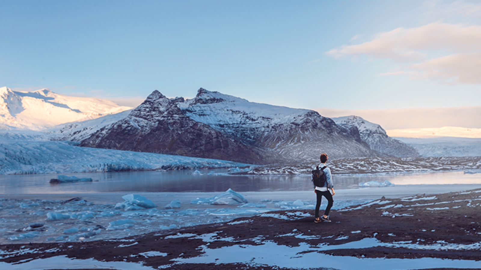 Reykjavik's snow-covered mountains and ice-flows