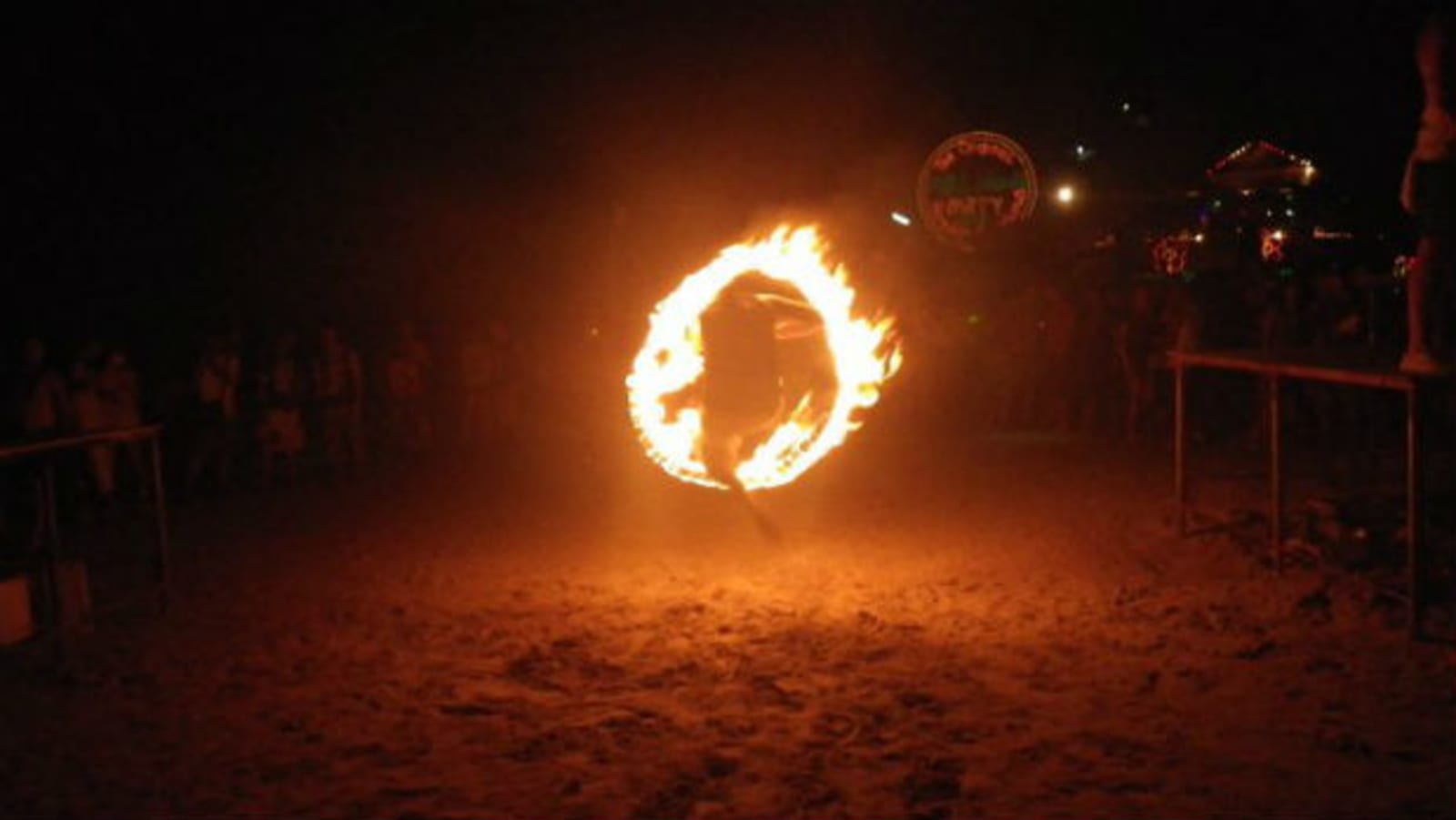 Ring of fire being jumped through at nighttime