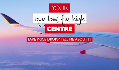 Your buy low, fly high centre. Fare Price Drops! Tell me about it! Wing of an airplane at sunset