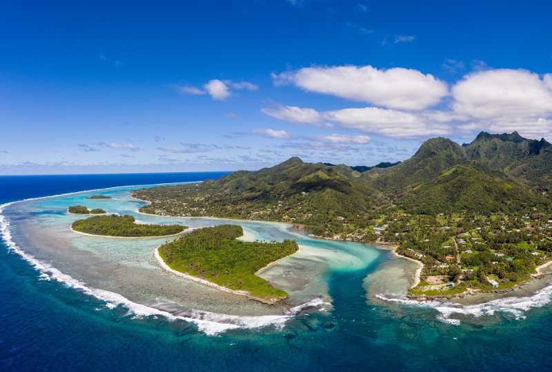 Aerial view of the Muri beach and lagoon, in Rarotonga in the Cook Islands