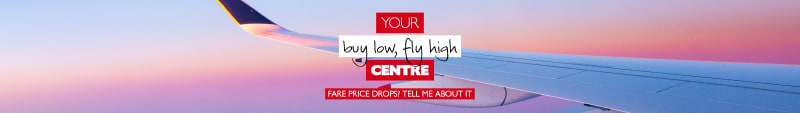 Your buy low, fly high centre. Fare Price Drops! Tell me about it! Wing of an airplane at sunset