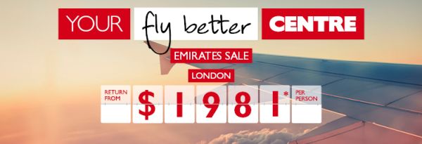 Your fly better Centre | Emirates Sale | Award-winning service, world-class comfort | London return from $1981* per person, Paris return from $1992* per person, Rome | Business class return from $9558* per person
