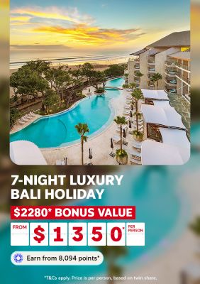 Luxury Bali beachfront resort pool at sunset for a 7-night holiday with $2280 bonus value from $1350 per person