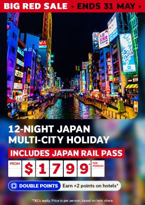 Osaka Dotonbori canal glowing with neon signs at night for a Big Red Sale 12-night Japan multi-city holiday with Japan Rail Pass from $1799 per person