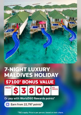 Overwater villas with waterslides into turquoise Maldives lagoon for a 7-night luxury holiday with $7100 bonus value from $3800 per person