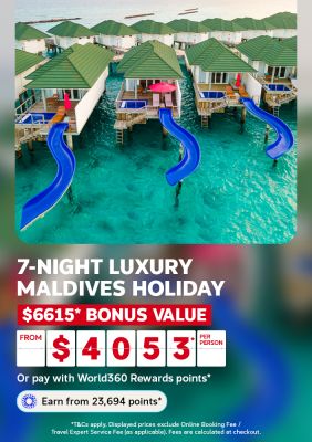 Overwater villas with private slides into a turquoise lagoon for a 7-night luxury Maldives holiday with 6615 bonus value from 4053 per person