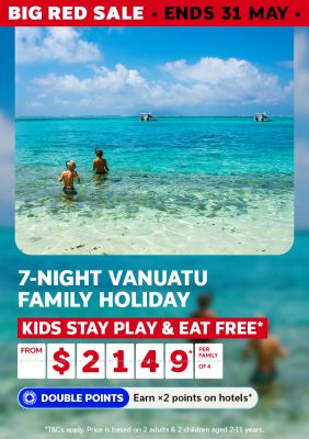 Children wading into turquoise Vanuatu shallows for a Big Red Sale 7-night family holiday with kids stay play and eat free from $2149 per family of 4