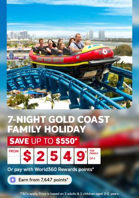 Family laughing on a rollercoaster overlooking the Gold Coast skyline for a 7-night family holiday saving up to $550 from $2549 per family of 4