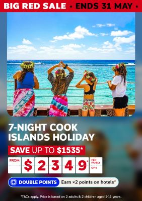 People wearing flower crowns gazing over turquoise Cook Islands water for a 7-night holiday saving up to $1535 from $2349 per family of 4