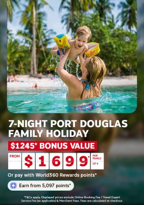 Mother lifting a laughing toddler out of the water for a 7 night Port Douglas family holiday with 1245 bonus value from 1699 per family of 4