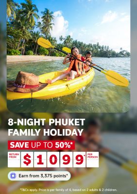 Two people kayaking in clear water along a palm-fringed Phuket shore for an 8-night Phuket family holiday saving up to 50% from $1099 per person