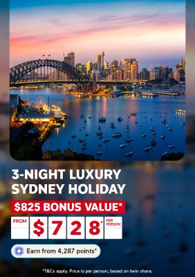 Sydney Harbour Bridge and glowing city skyline at twilight for a 3-night luxury Sydney holiday with $825 bonus value from $728 per person