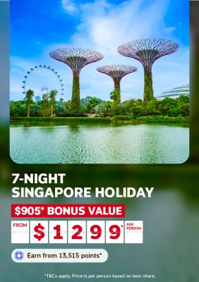 Iconic Supertree Grove towering above Gardens by the Bay lake for a 7-night Singapore holiday with $905 bonus value from $1299 per person