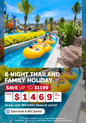 Family floating down a lazy river on inflatable tubes at a water park for an 8-night Thailand family holiday saving up to 1199 from 1469