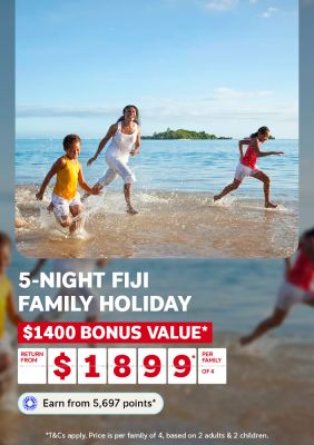 Family splashing through Fiji shoreline waves for a 5-night Fiji family holiday with $1400 bonus value from $1899 per family of 4