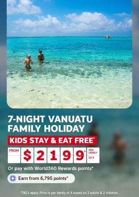 Two children snorkeling in a clear turquoise lagoon for a 7-night Vanuatu family holiday with kids stay and eat free from $2199 per family
