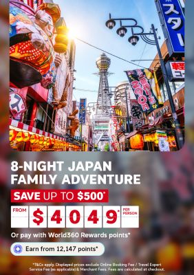 Vibrant Osaka street lined with glowing lanterns and neon signs for an 8-night Japan family adventure saving up to 500 from 4049 per person