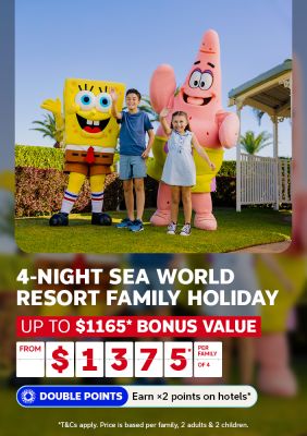 4-night Sea World Resort Family Holiday | exclusive $1,165* bonus value. From $1,375* per family of 4 - Double points - earn x2 points on hotels* | *Terms & conditions apply. | Spongebob and Patrick posing with children at a theme park