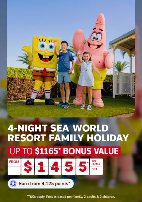 Kids with SpongeBob and Patrick mascots at Sea World Resort for a 4-night family holiday with up to $1165 bonus value from $1455 per family of 4