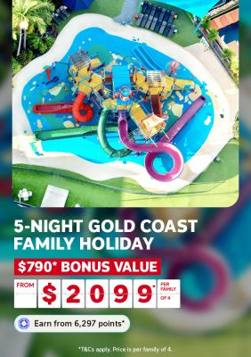 Aerial view of a colourful waterpark with spiralling slides and splash pools for a 5-night Gold Coast family holiday from $2099 per family of 4