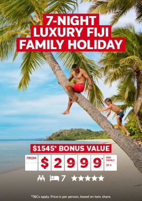 7-night luxury Fiji Family holiday - $1,545* bonus value from $2,999* per family of 4 | *T&Cs apply. Price is per person, based on twin share | Father and son climbing a palm tree on a beach