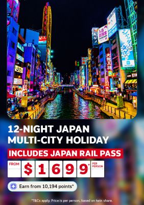 Neon signs lining Osaka's Dotonbori canal at night for a 12-night Japan multi-city holiday including Japan Rail Pass from $1699 per person