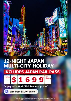 Neon lit Dotonbori canal glowing at night for a 12-night Japan multi-city holiday including Japan Rail Pass from $1699 per person